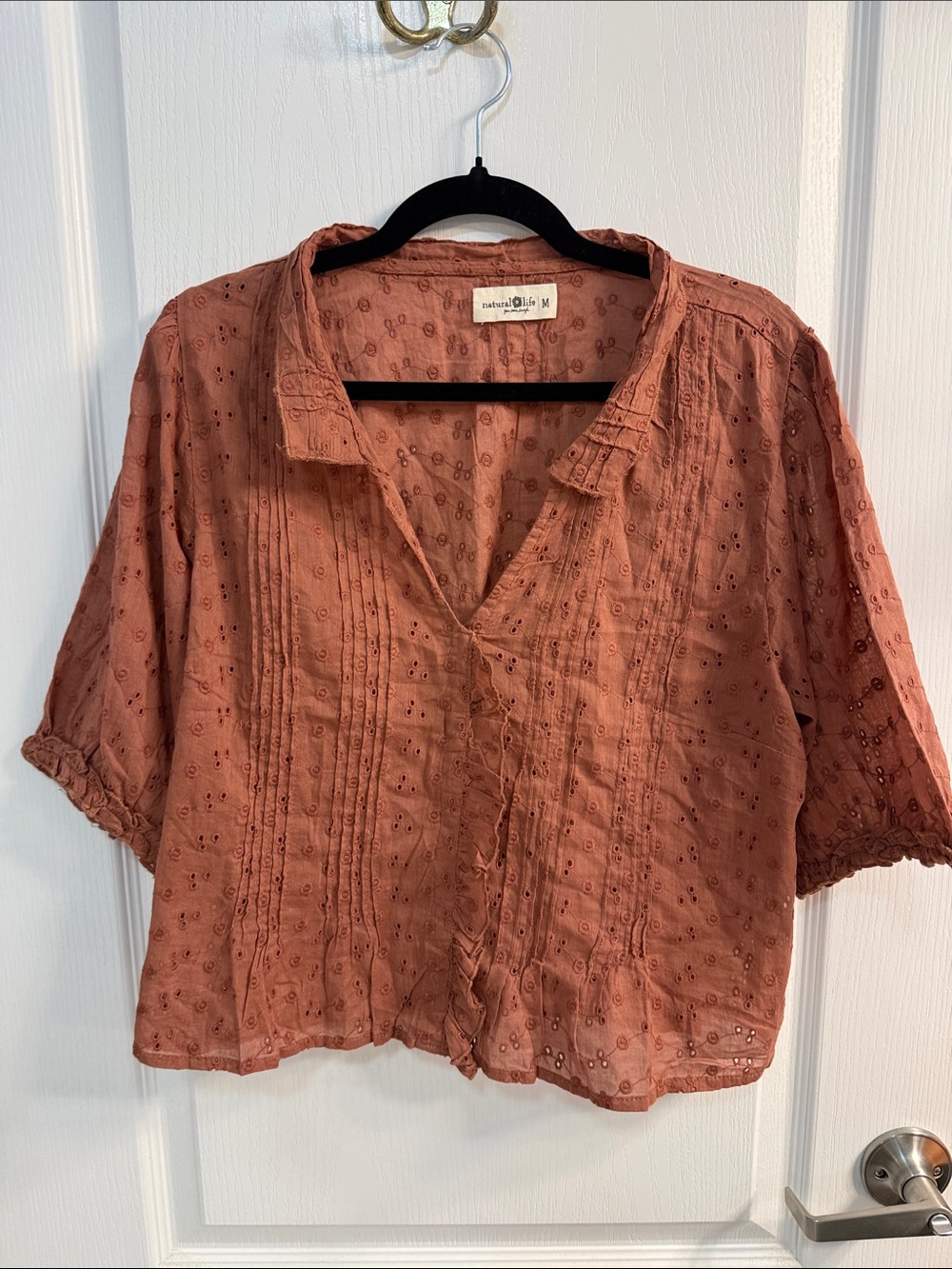 NATURAL LIFE Rust Eyelet Pintuck Snap Front Blouse - Boho